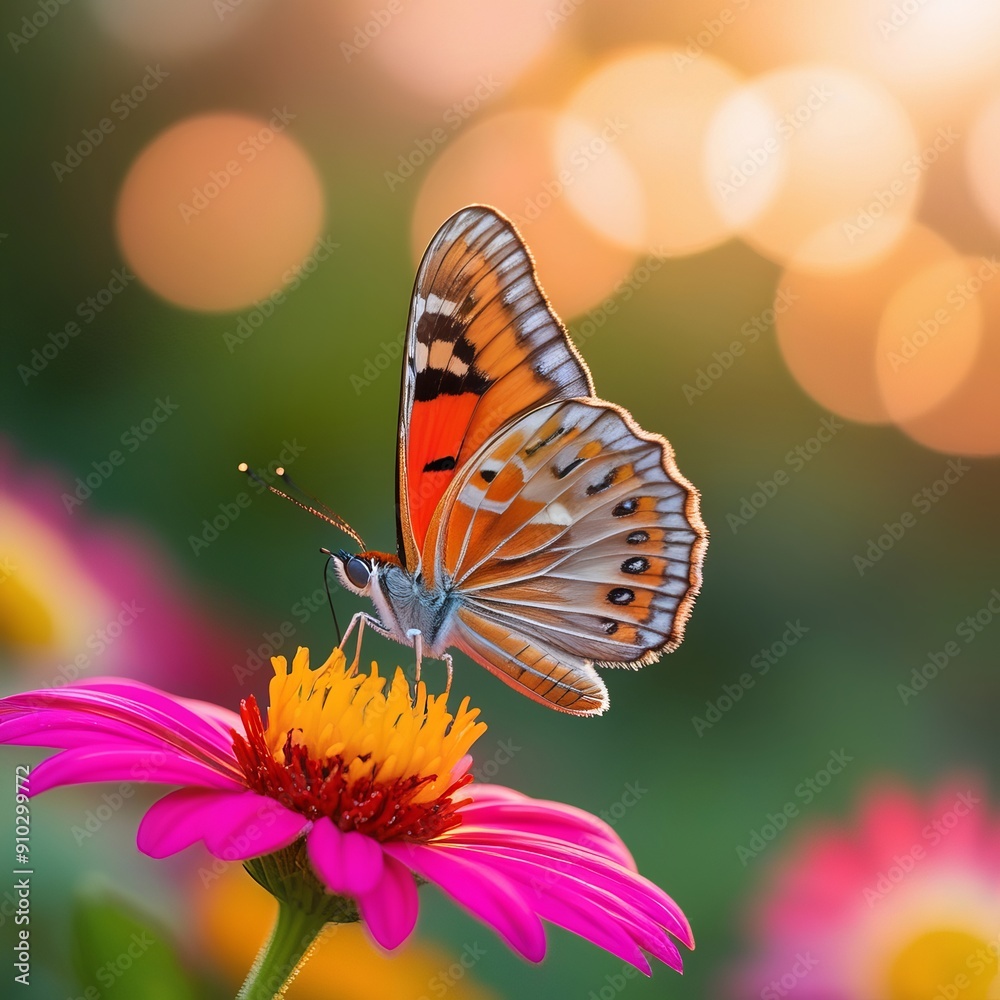 Photograph a vibrant butterfly perched delicately on a brightly colored flower, its wings open to reveal intricate patterns Photograph a vibrant butterfly perched delicately on a brightly colored flower, its wings open to reveal intricate patterns