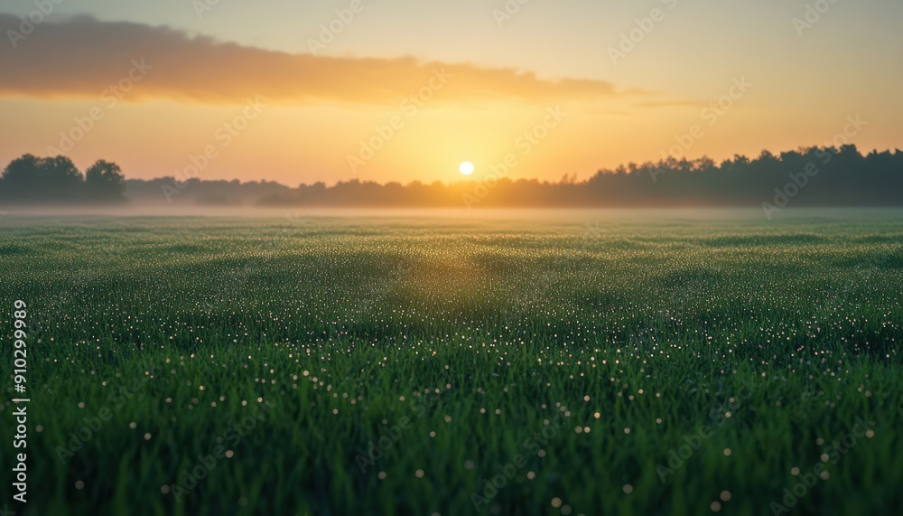 Serene Sunrise Over Dew-Covered Meadow with Mist and Forest in the Background Serene Sunrise Over Dew-Covered Meadow with Mist and Forest in the Background