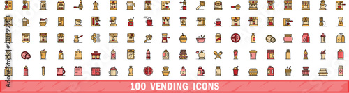 100 vending icons set. Color line set of vending vector icons thin line color flat on white