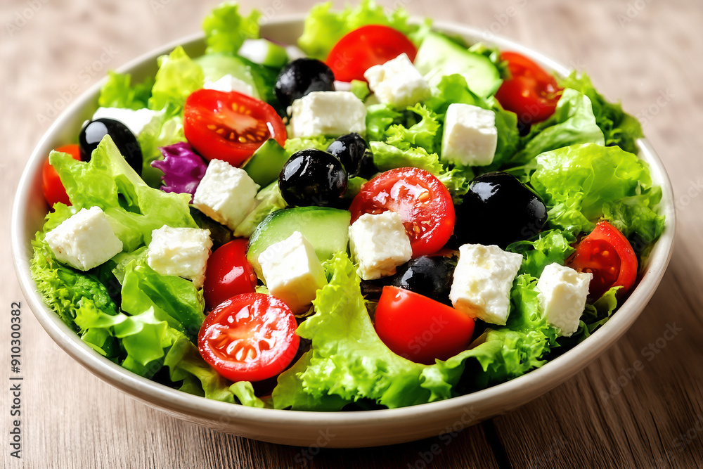 Fresh Greek salad with feta cheese, cherry tomatoes, black olives, crisp lettuce, and cucumber in a white bowl on a wooden table. Fresh Greek salad with feta cheese, cherry tomatoes, black olives, crisp lettuce, and cucumber in a white bowl on a wooden table.