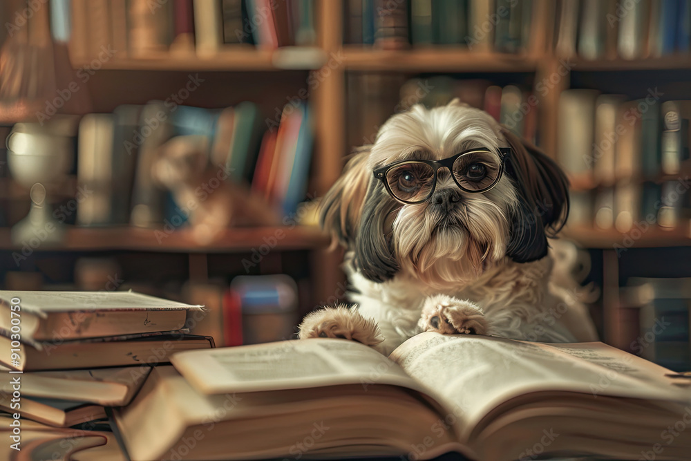 Shih Tzu wearing glasses in a library surrounded by books Shih Tzu wearing glasses in a library surrounded by books