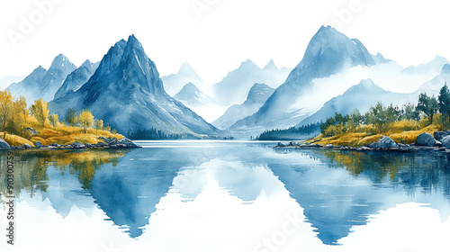 Stunning landscape featuring mountains, serene water, and vibrant autumn foliage, reflecting the beauty of nature in tranquil scenery.