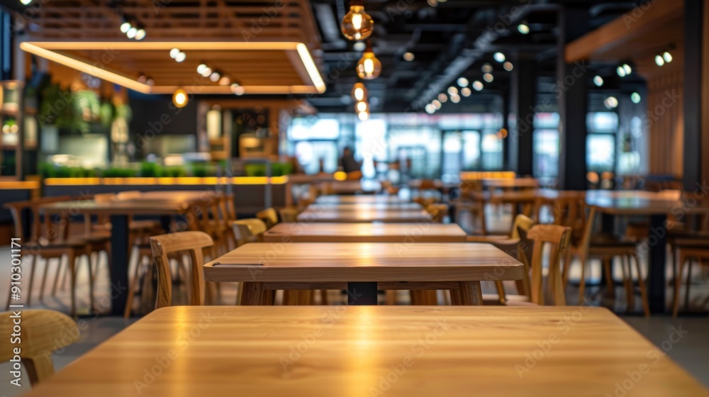 Wooden dining table in an empty food court interior with a wooden table and warm, comfortable lighting. Background image Wooden dining table in an empty food court interior with a wooden table and warm, comfortable lighting. Background image