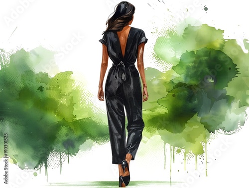 Woman jumpsuit sketch watercolor illustration. AI generated