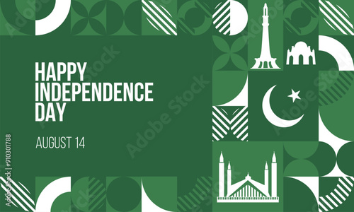 Happy Independence Day Pakistan Banner. August 14 Pakistani independence day greeting card design. Modern pattern, poster template. Vector Illustration.