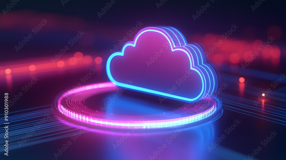 Futuristic data cloud concept with glowing neon lights, representing cloud computing, data storage, and digital technology innovation.
