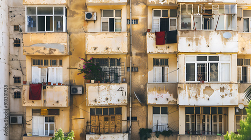 Weathered yellow building with white shutters, balconies and red laundry, evoking a sense of history, and a Mediterranean lifestyle. 