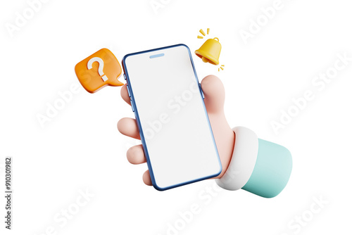 3D rendering of a cute cartoon character holding a smartphone with an orange question mark icon next to it and a vibrating yellow bell indicating a notification.