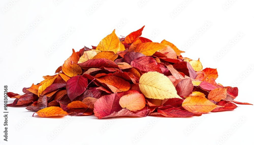 Vibrant Pile of Autumn Leaves in Various Shades of Red, Orange, and Yellow Isolated on a White Background Vibrant Pile of Autumn Leaves in Various Shades of Red, Orange, and Yellow Isolated on a White Background