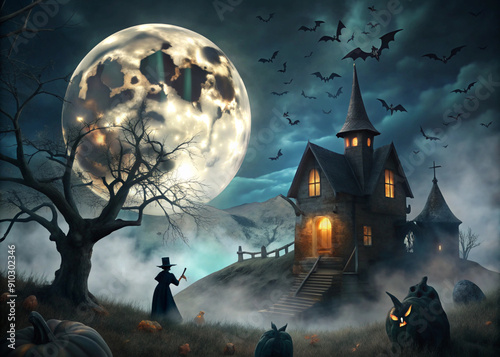 The creepy Halloween scene is an old cottage, at night, under a big, bright full moon. The bare trees surrounding the cottage, devoid of leaves, create an eerie atmosphere. Bats can be seen flying aro