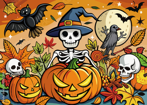 A poster dedicated to Halloween. A stylized human skull in a hat against the background of a full moon and flying bats. The skull is also decorated with a bow tie or pointed collar. A set of Halloween