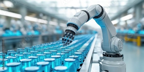 Robotic Arm Sorting Bottles in a High-Tech Factory
