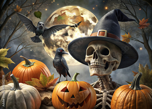 Хэллоуин (Halloween). Halloween-style elements arranged on a beige background, which creates a festive and at the same time creepy atmosphere. In the center of the composition is a pumpkin in the form