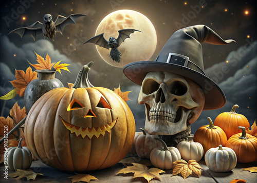 Хэллоуин (Halloween). Halloween-style elements arranged on a beige background, which creates a festive and at the same time creepy atmosphere. In the center of the composition is a pumpkin in the form