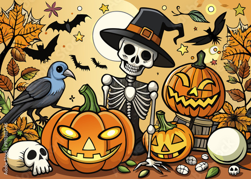 Хэллоуин (Halloween). A poster dedicated to Halloween. A stylized human skull in a hat against the background of a full moon and flying bats. 