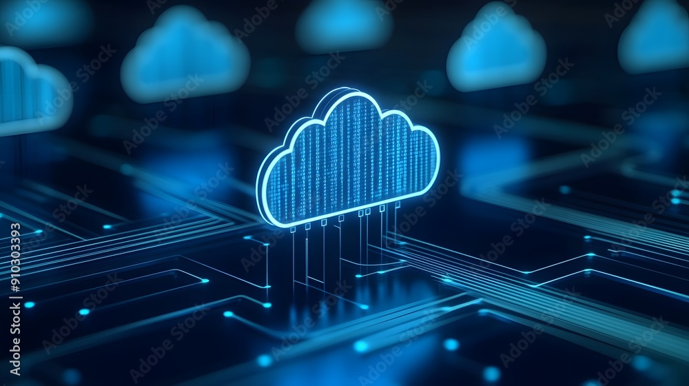 Futuristic digital cloud computing concept with glowing blue cloud icons connected through circuits, representing online data storage and technology. Futuristic digital cloud computing concept with glowing blue cloud icons connected through circuits, representing online data storage and technology.