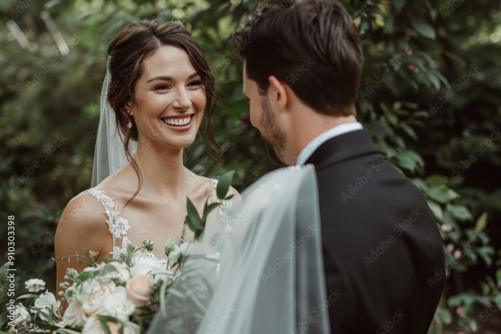 Happy bride and groom on the day of the wedding ceremony Taking pre-wedding photos Happy bride and groom on the day of the wedding ceremony Taking pre-wedding photos