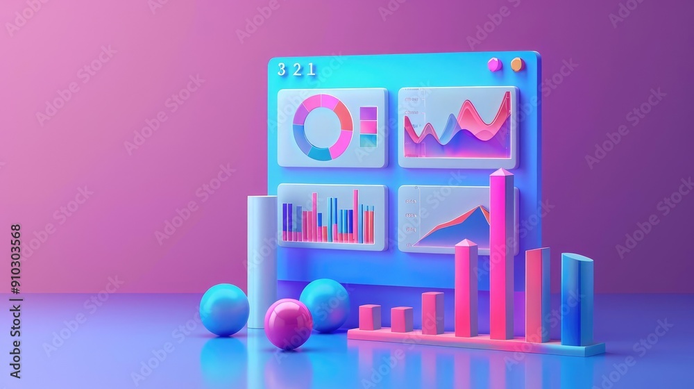 Vibrant 3D data visualization with colorful graphs, charts, and geometric shapes against a modern gradient background. Vibrant 3D data visualization with colorful graphs, charts, and geometric shapes against a modern gradient background.
