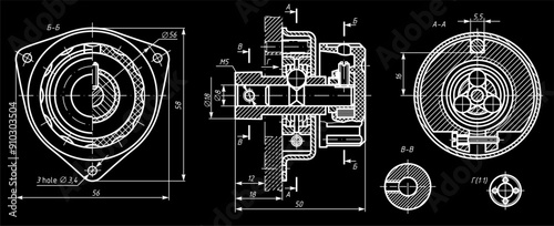 Vector drawing of a steel mechanical part with through holes
and dimension lines.
Engineering cad scheme. Technical template.