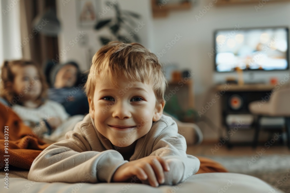 A cheerful little boy lies on a comfortable sofa in a cozy living room. in a modern house A cheerful little boy lies on a comfortable sofa in a cozy living room. in a modern house