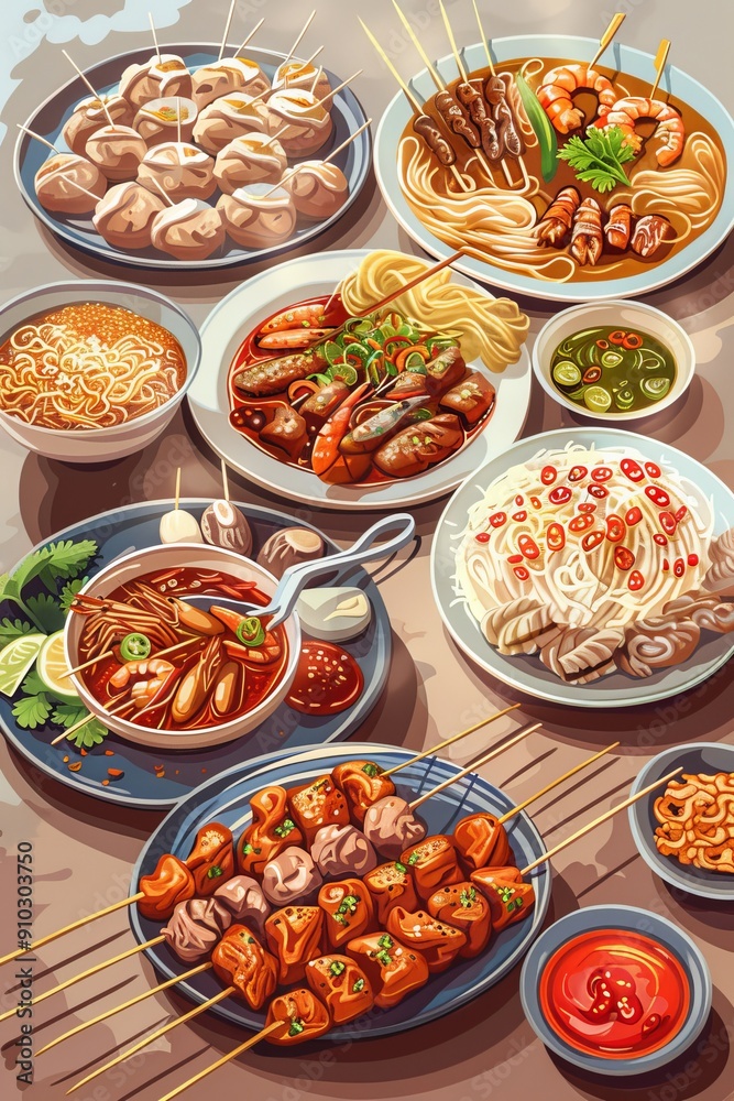 sharp vector illustration featuring a vibrant and appealing presentation famous Singaporean foods sharp vector illustration featuring a vibrant and appealing presentation famous Singaporean foods