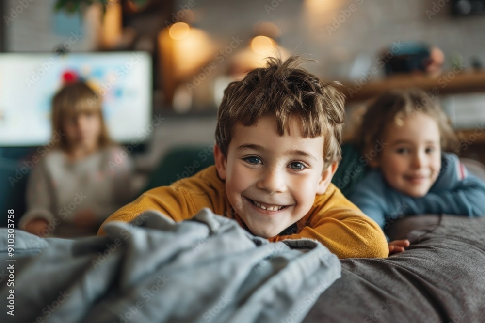 A cheerful little boy lies on a comfortable sofa in a cozy living room. in a modern house A cheerful little boy lies on a comfortable sofa in a cozy living room. in a modern house