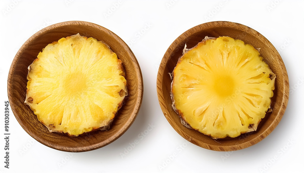 fresh sweet pineapple slice in wooden bowl isolated on white background fresh sweet pineapple slice in wooden bowl isolated on white background
