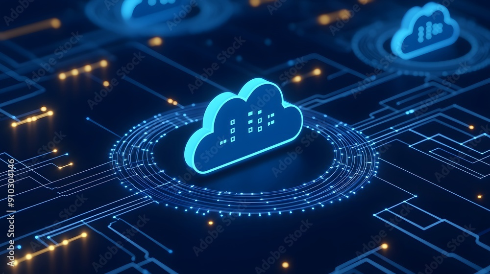 Futuristic digital cloud computing technology concept, represented by glowing cloud icons on a virtual network circuit board. Futuristic digital cloud computing technology concept, represented by glowing cloud icons on a virtual network circuit board.