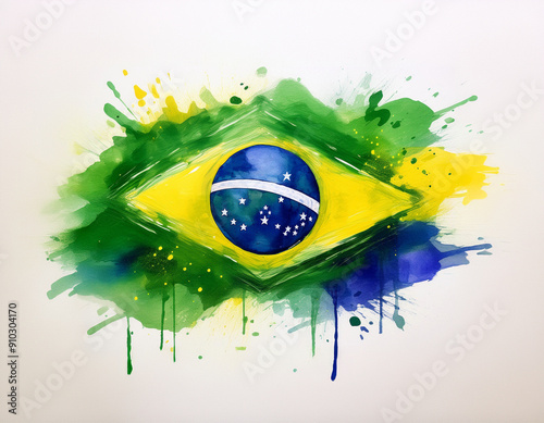 Pintura aguada em aquarela nas cores verde e amarela de uma bandeira do Brasil.