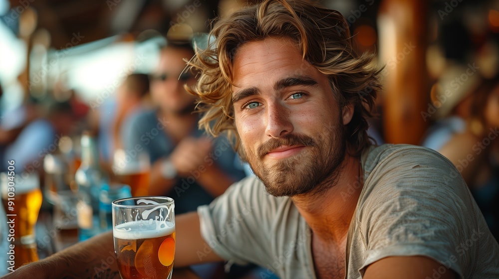 Relaxed Young Man Enjoys Refreshing Beer at Outdoor Bar During Warm Summer Evening Relaxed Young Man Enjoys Refreshing Beer at Outdoor Bar During Warm Summer Evening
