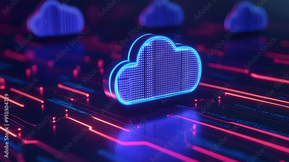 Futuristic digital cloud icon with neon lights, representing data storage and technology in a high-tech digital environment. Futuristic digital cloud icon with neon lights, representing data storage and technology in a high-tech digital environment.