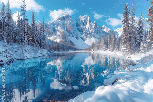 A beautiful mountain lake with a bright sun reflecting on the water.