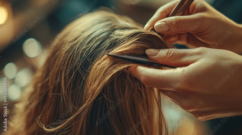 Obraz premium Precision Haircut by Stylist: Close-up of Woman's Long Hair Being Trimmed with Elegance in Soft Lighting