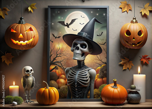 Хэллоуин (Halloween). A poster dedicated to Halloween. In the center is a poster in a black frame, which depicts a stylized human skull in a black hat and clothes against a background of a full moon a