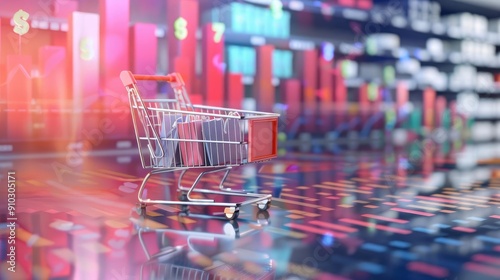 A vibrant shopping cart in a modern retail environment, symbolizing consumerism and shopping trends in a digital era.