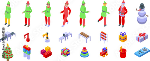 Christmas factory conveyor icons set. Santa claus is supervising his elves working in his factory, making toys for christmas