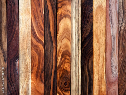 Close-Up View of Varied Wooden Planks in Grid Arrangement Showcasing Rich Warm Tones, Intricate Grain Patterns, Natural Beauty, Texture, Swirls, Knots, and Character of Different Wood Types photo