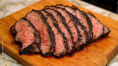 sliced tri tip brisket on a cutting board in a kitchen,  