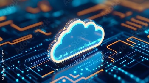 Futuristic digital cloud technology concept with a glowing cloud icon on a circuit board background, symbolizing data storage and networking.