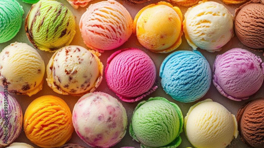 Top view of various scoops of colorful ice cream balls, creating a vibrant and appetizing background. Top view of various scoops of colorful ice cream balls, creating a vibrant and appetizing background.
