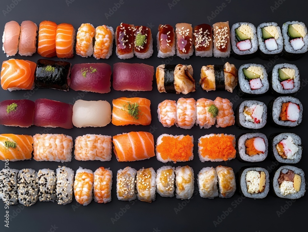 Various sushi dishes arranged on a dark surface Various sushi dishes arranged on a dark surface