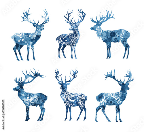 Azure roe deer color ink drawing vector illustrations. Antlers hoofed fur herbivorous natural untamed woodland creature animal graceful intricate pattern, artwork isolated on white background