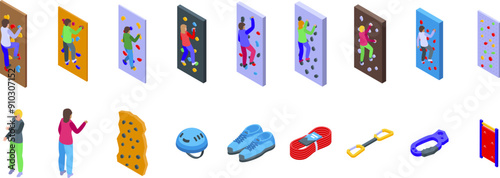 Kids climbing wall icons set. People climbing on climbing wall with equipment set isometric view for any web design