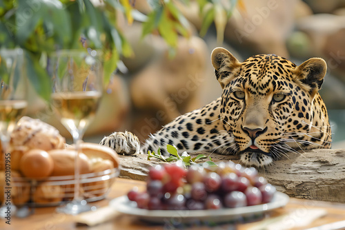 A leopard lurking over a table of wine, grapes, and bread, evoking a sense of danger and excitement, perfect for wildlife photography. 
 photo