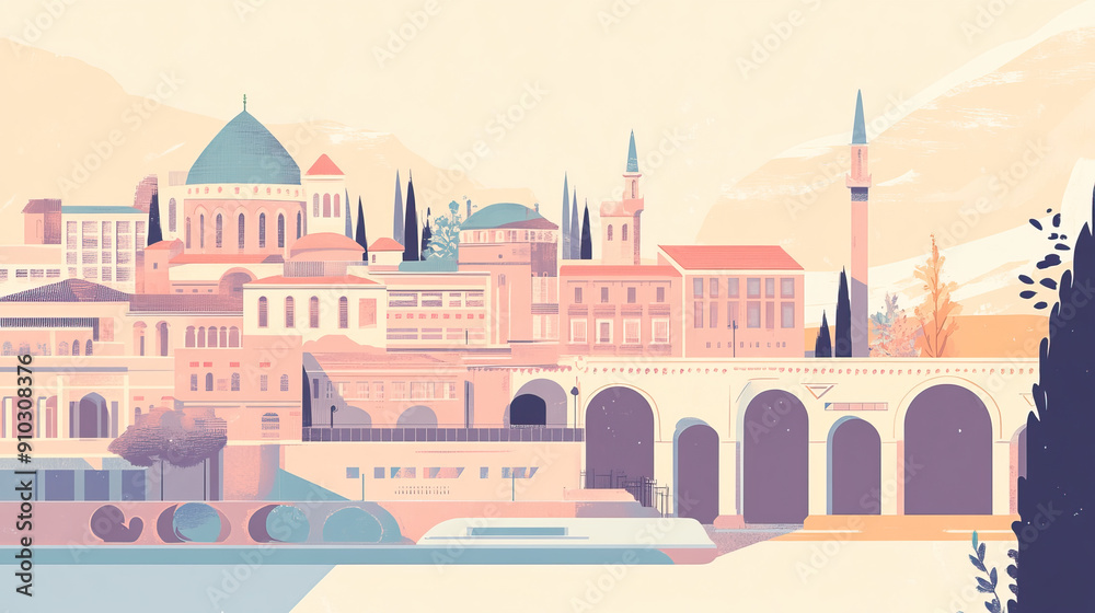 Obraz premium Risograph current riso print travel poster, card, wallpaper or banner illustration, modern, isolated, clear, simple of Sumqayit, Azerbaijan. Artistic, screen printing, stencil