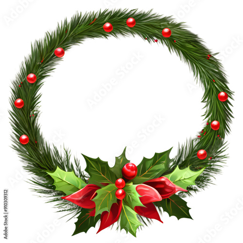 Wallpaper Mural Festive Christmas wreath with red bow, green pine, and red berries Torontodigital.ca