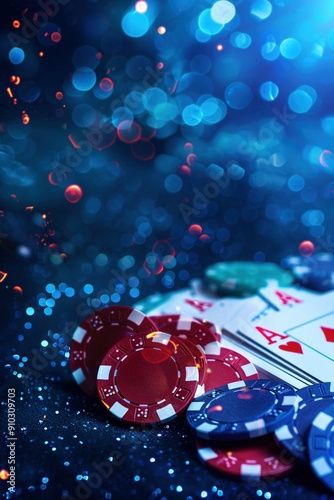Casino chips stand out on a blue background in this online casino banner