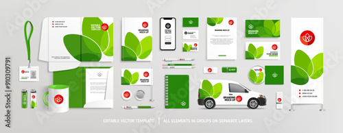 Editable vector Brand Identity concept of stationery Mock-Up set with nature style green abstract graphics design. Branding stationery mockup template of File folder, annual report, van car, AD banner photo