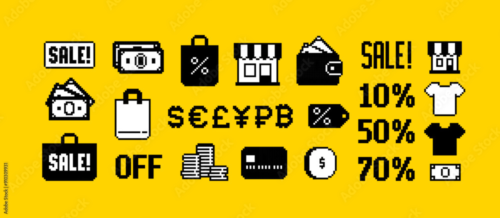 Shopping and money Pixel icon set vector collection. Pixel shop or ...