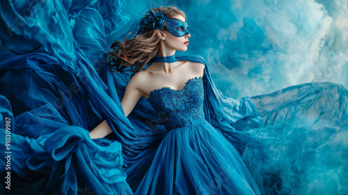 A woman in a blue dress is wearing a mask